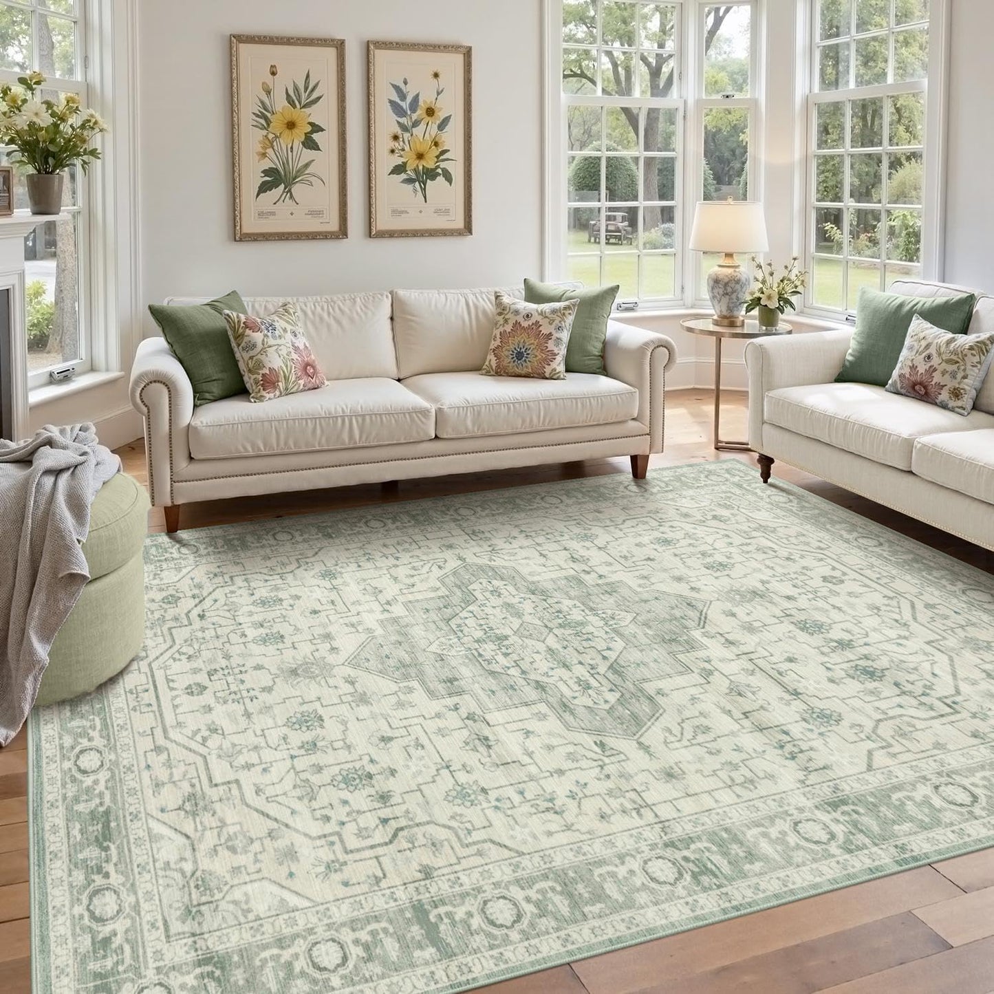 5X7 Washable Area Rug for Living Room, Vintage Boho Design