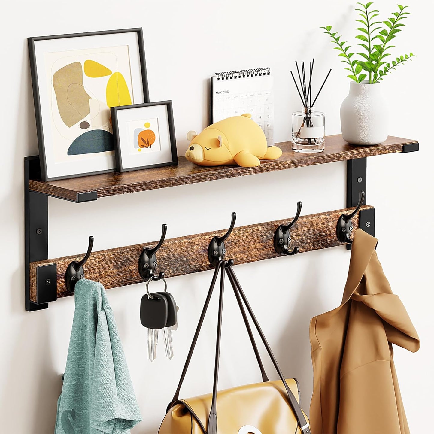Coat Rack Wall Mount with Hooks and Shelf for Stylish Organization