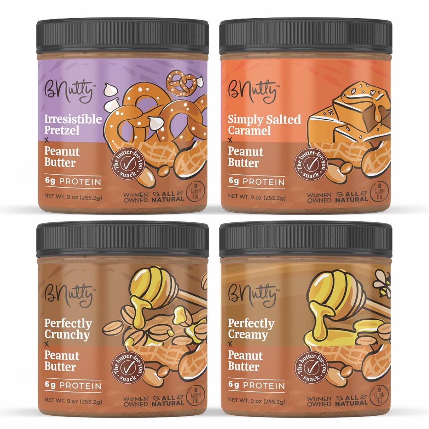 B'Nutty Sweet & Salty Peanut Butter 4-Pack for Gourmet Snacking
