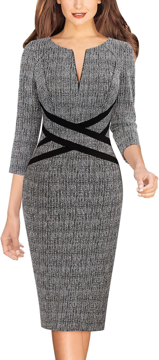 VFSHOW Womens Wear to Work Slim Colorblock Crisscross Dress