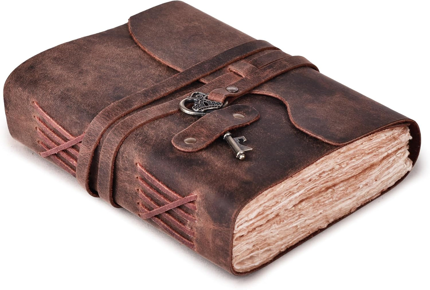 Vintage Leather Journal with Handmade Deckle Edge Paper - Fuchsia