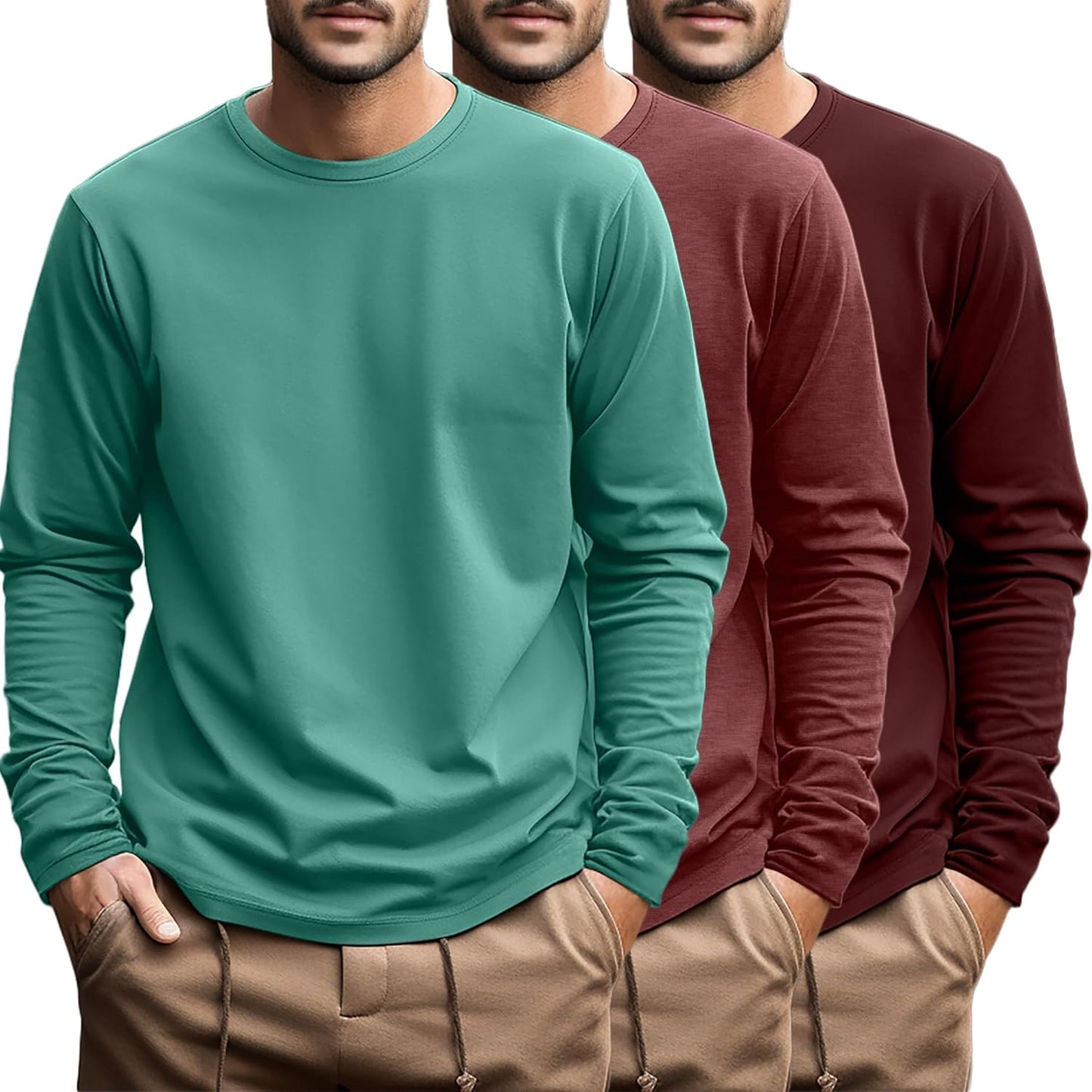 Ficerd Men's Big and Tall Long Sleeve Cotton Tee 3 Pack
