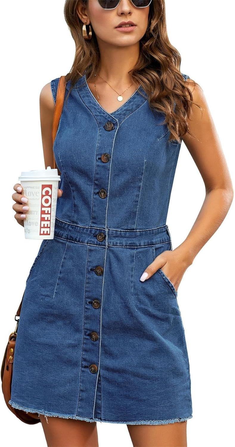 Luvamia Women's Casual V Neck Sleeveless Denim Short Dress