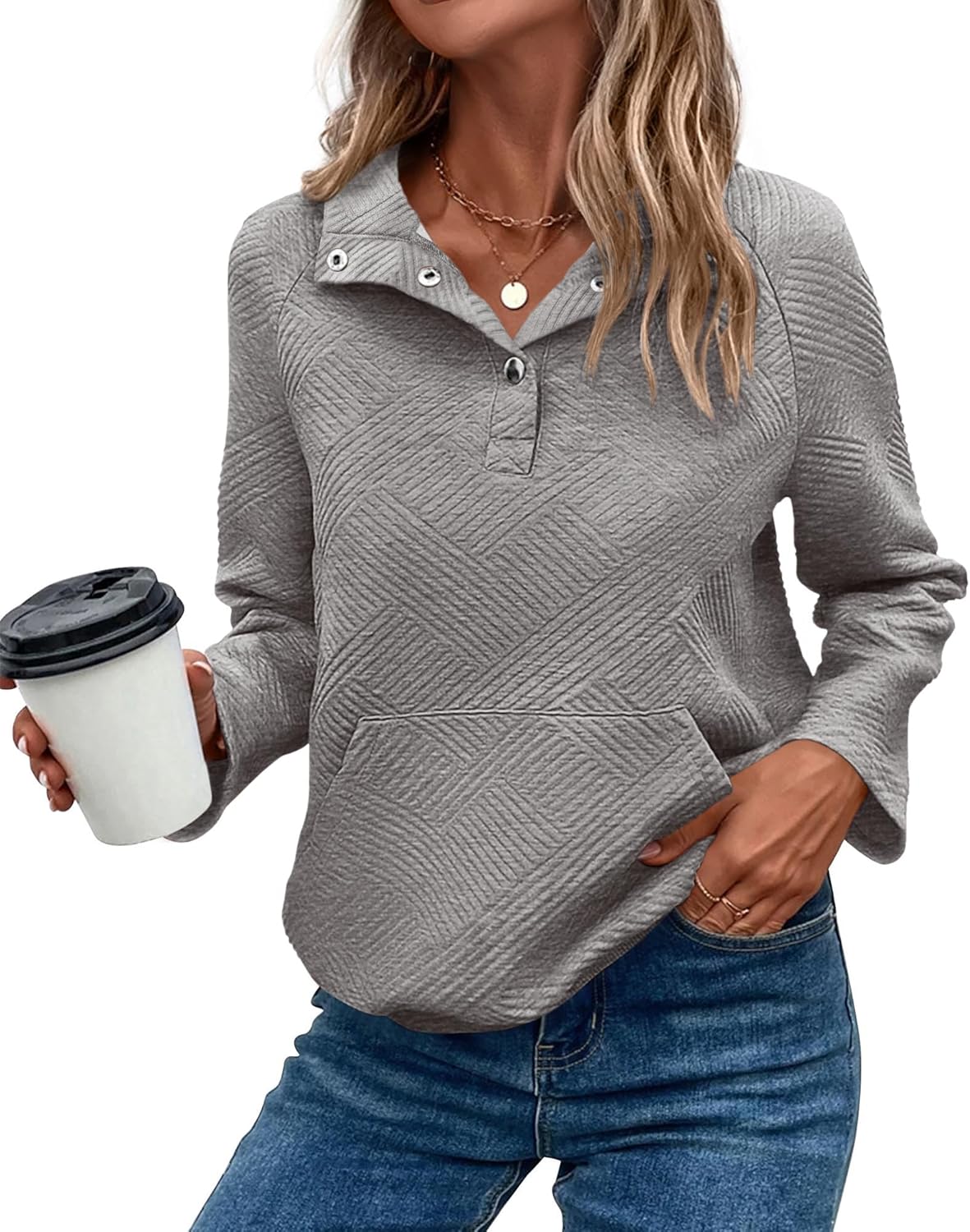 KIRUNDO Womens Casual Textured Long Sleeve Henley Pullover