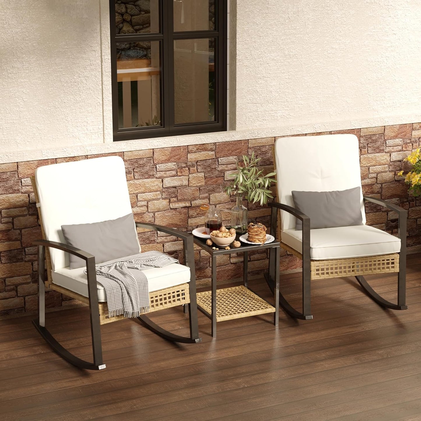 Outdoor Relaxation Set: 2 Patio Rocking Chairs + Coffee Table
