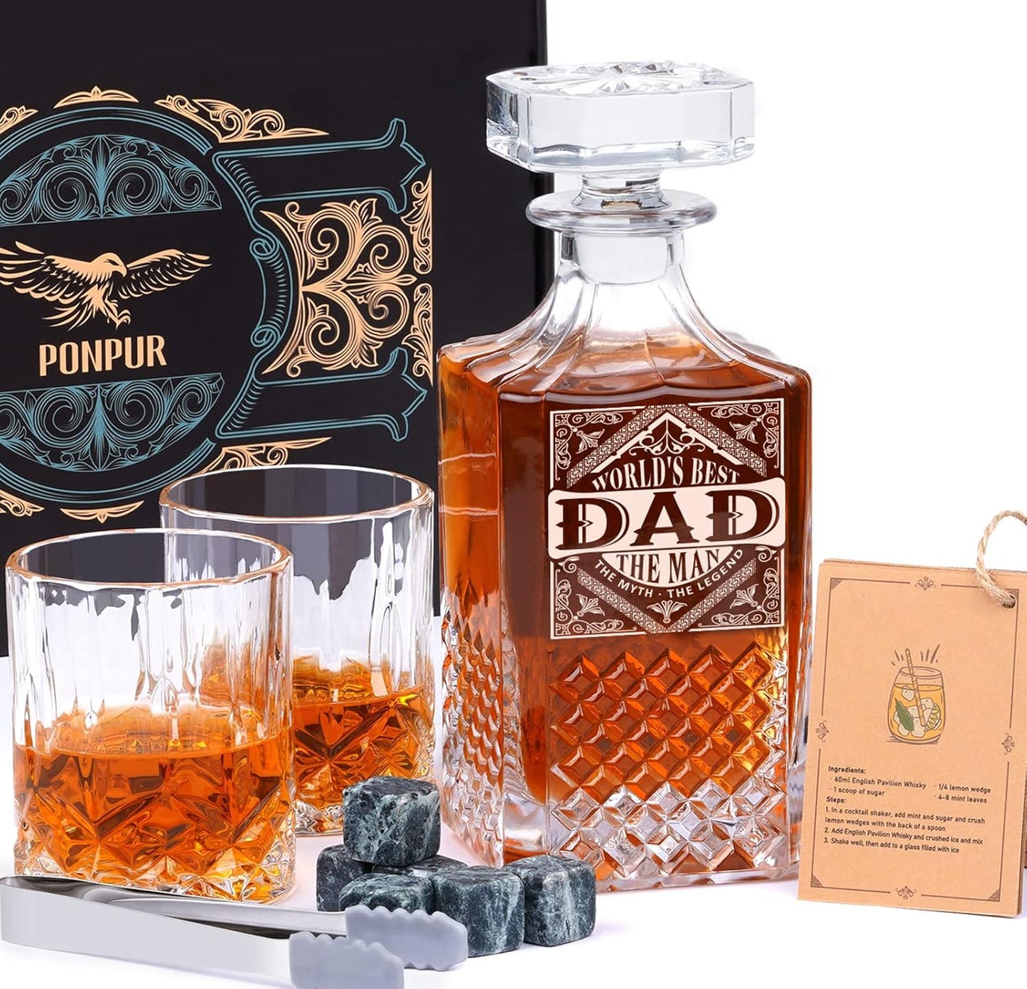 Whiskey Decanter Set with 2 Glasses - Perfect Gift for Dad