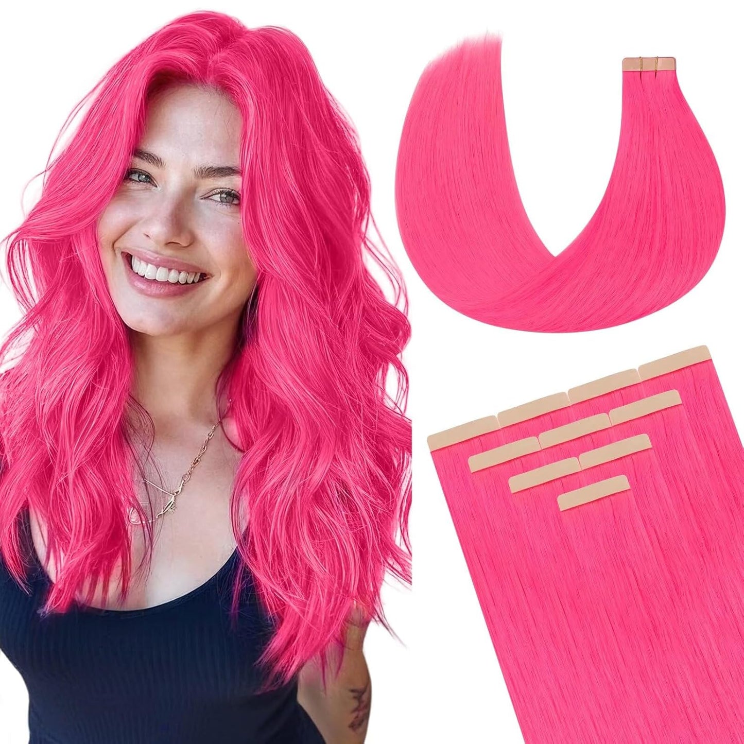 DOORES Tape-in Human Hair Extensions in Hot Pink for Glam