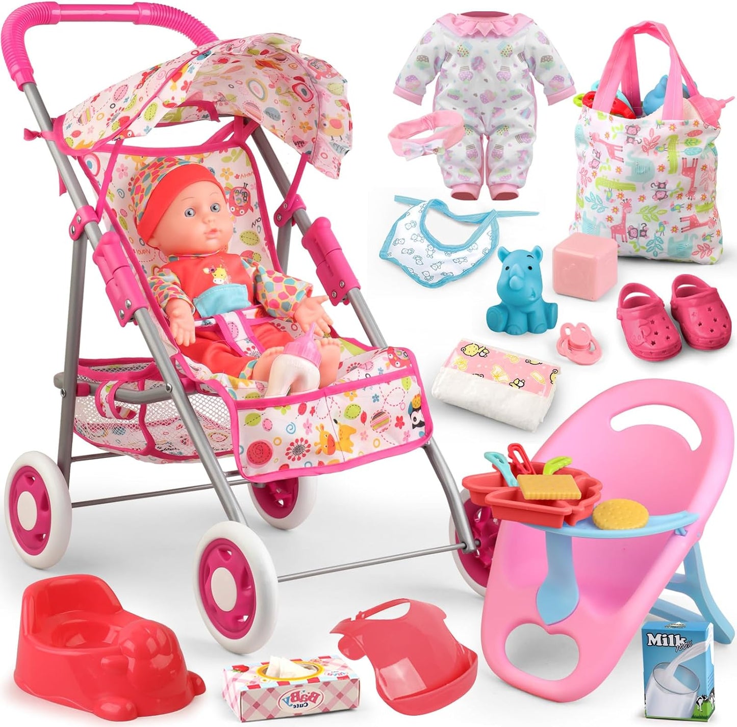 12.5 Doll Stroller Set - 20 Accessories, 2 Outfits