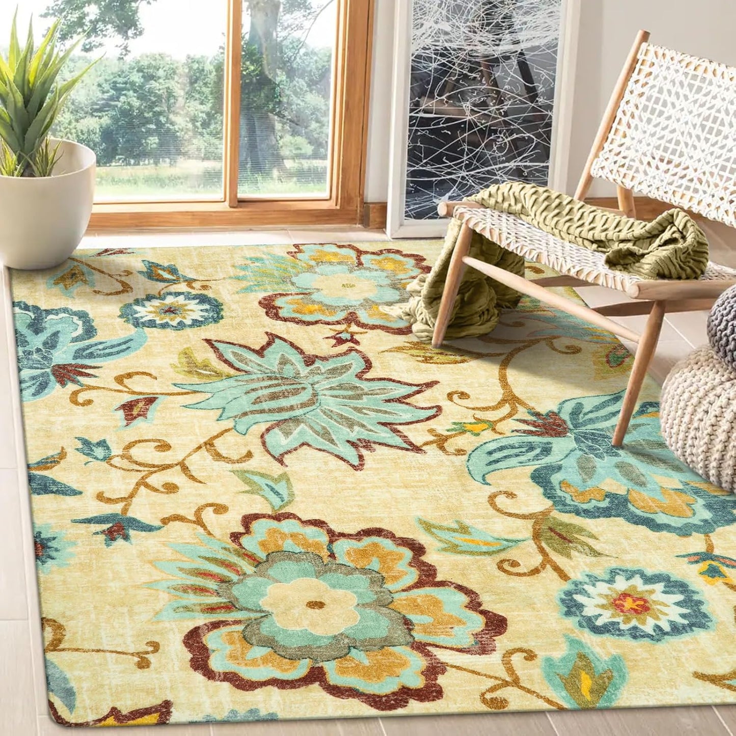 Lahome Washable Floral Rug - Non-Slip Soft 5x7 Beige Paisley Print