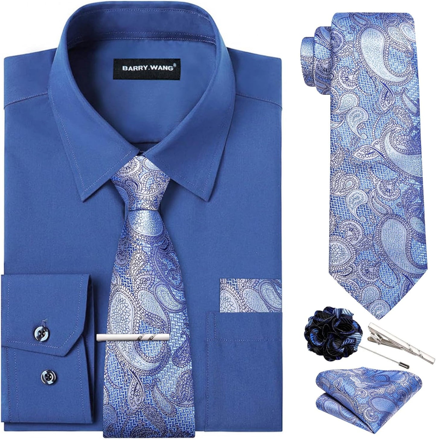 Barry.Wang Solid Colors Mens Dress Shirt and Tie Set for All Occasions
