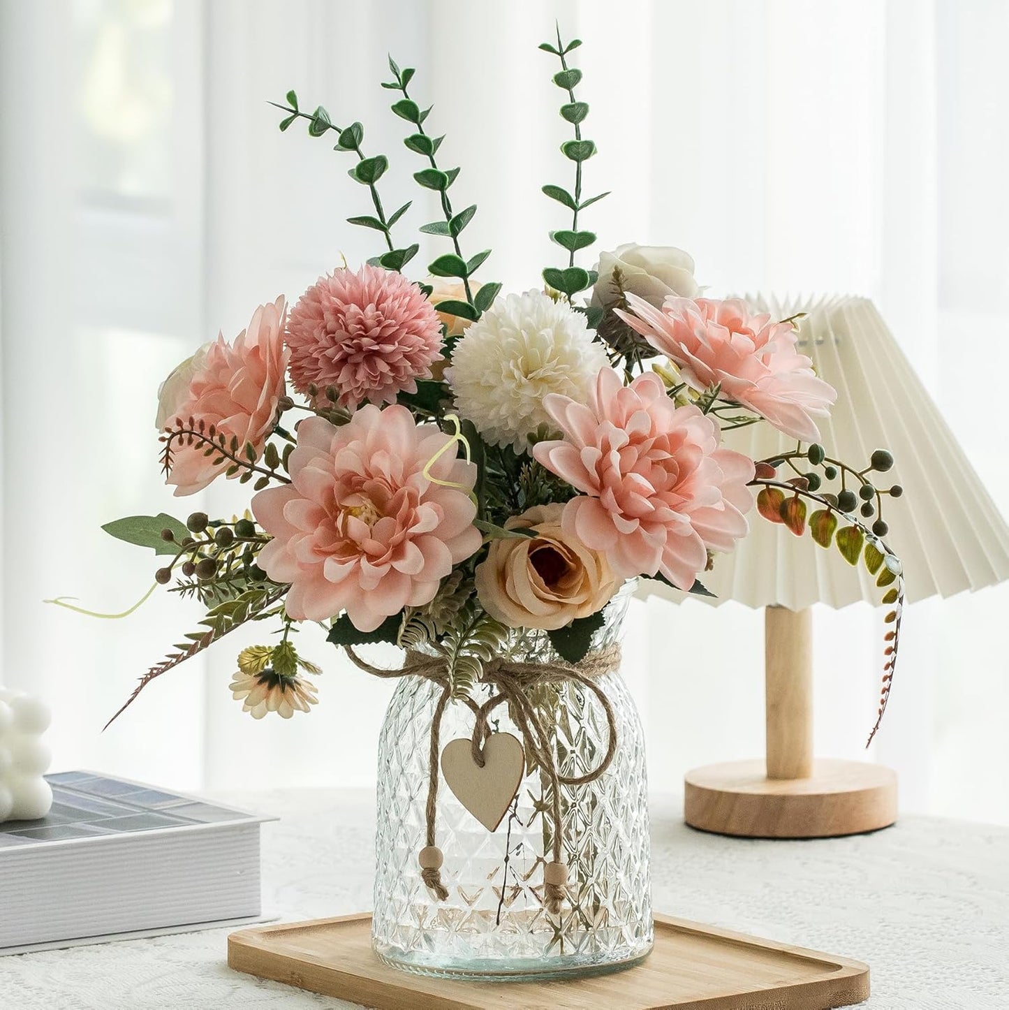 2 Pack Set Fake Flowers with Vase for Home Decor and More