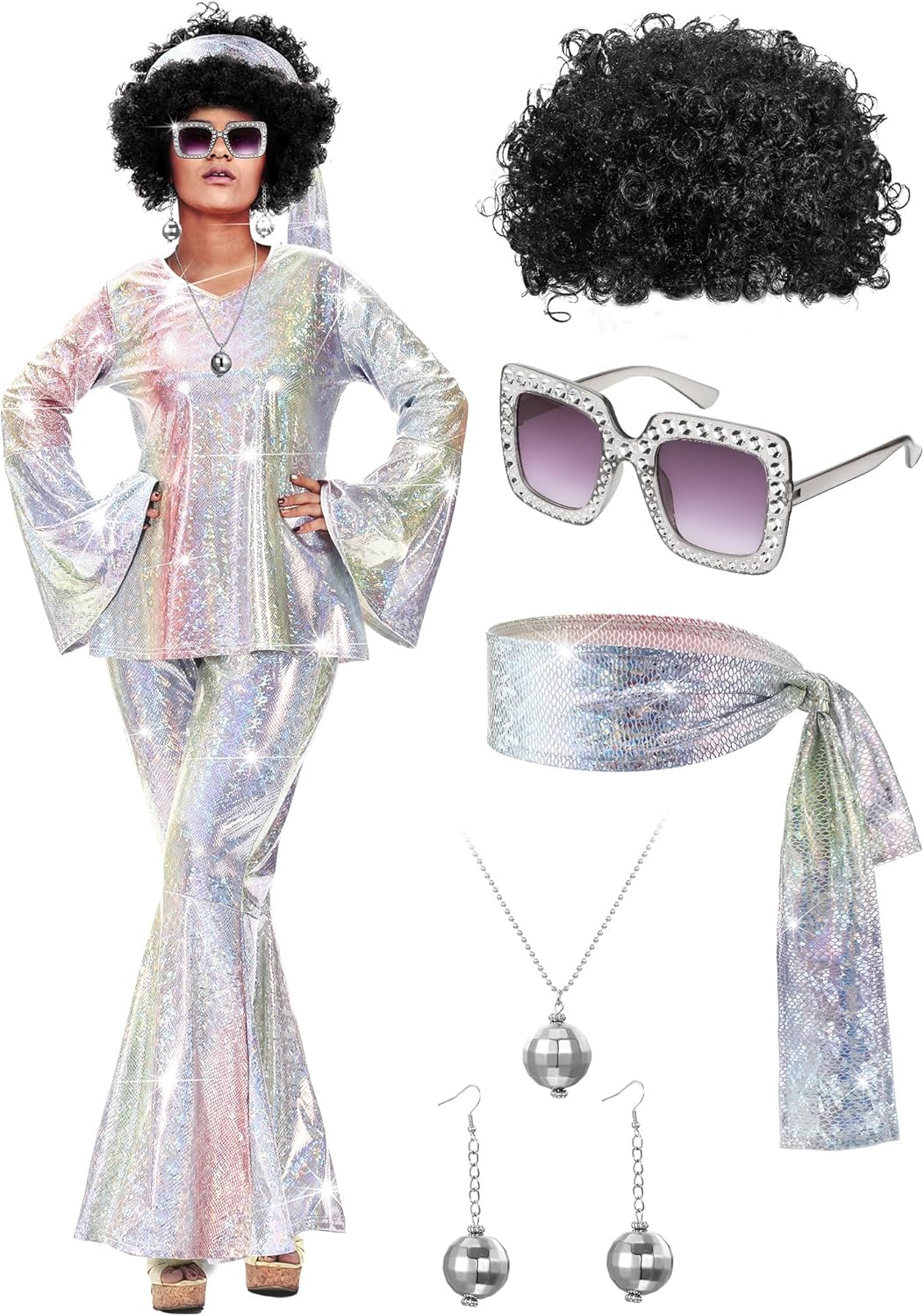 Jexine Halloween 70s Women Disco Outfit Costume Set for Parties