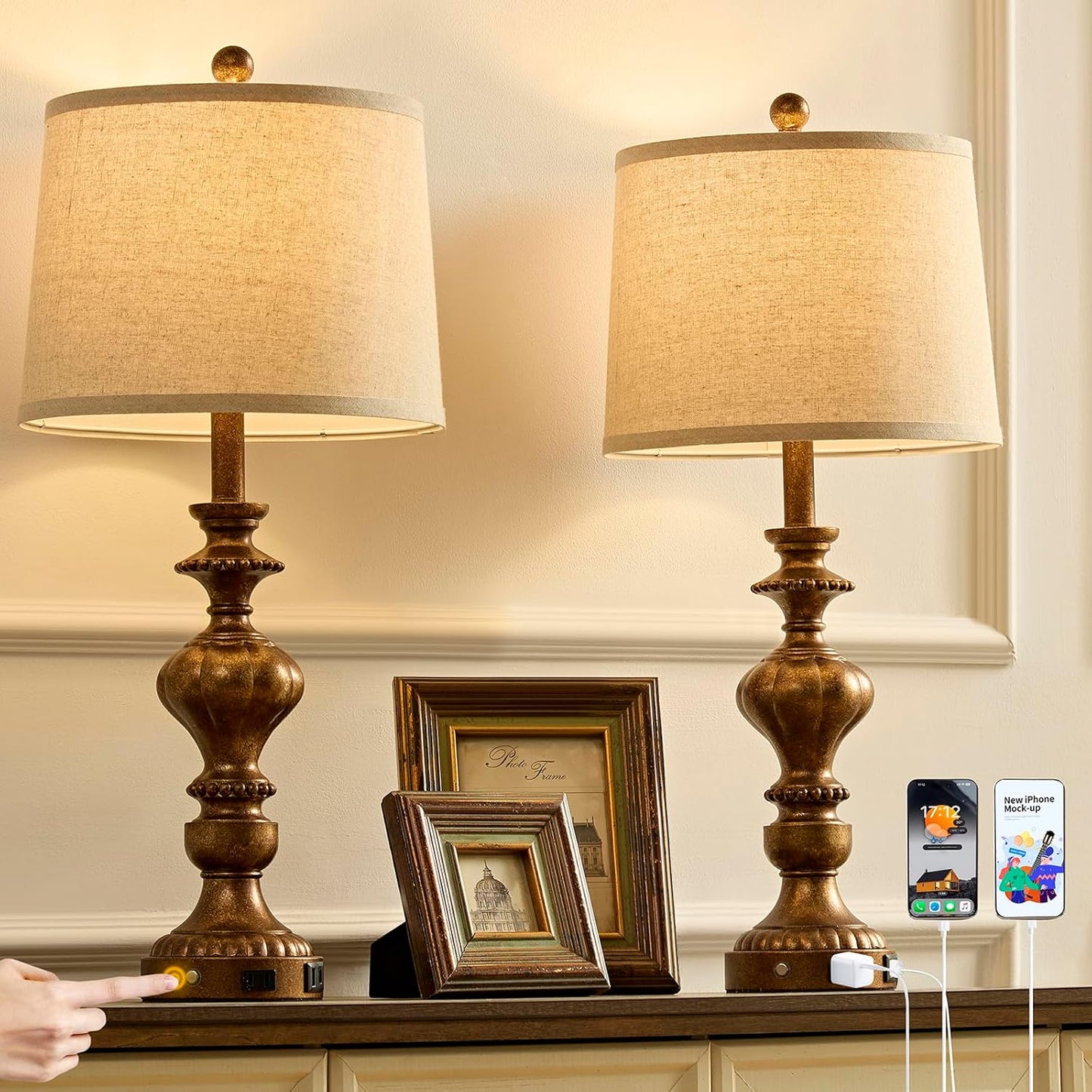 27.5 in Farmhouse Table Lamps Set of 2 with USB Ports