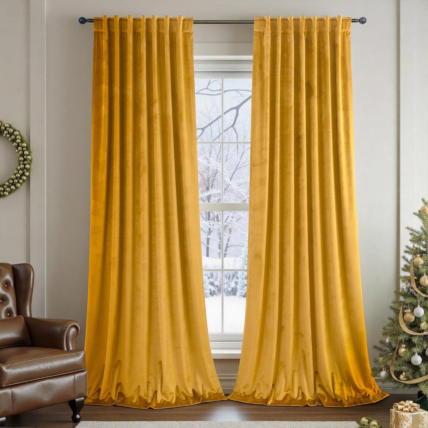 Mustard Yellow Gold Velvet Curtain Panels for Living Room Decor