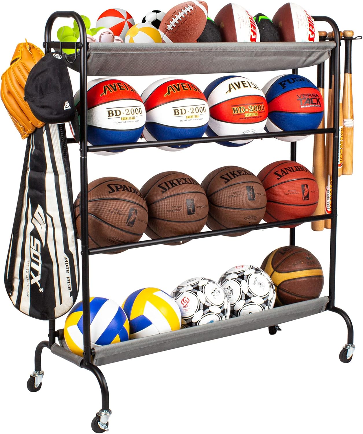 4-Layer Rolling Ball Rack with Bat Holder - Sttoraboks