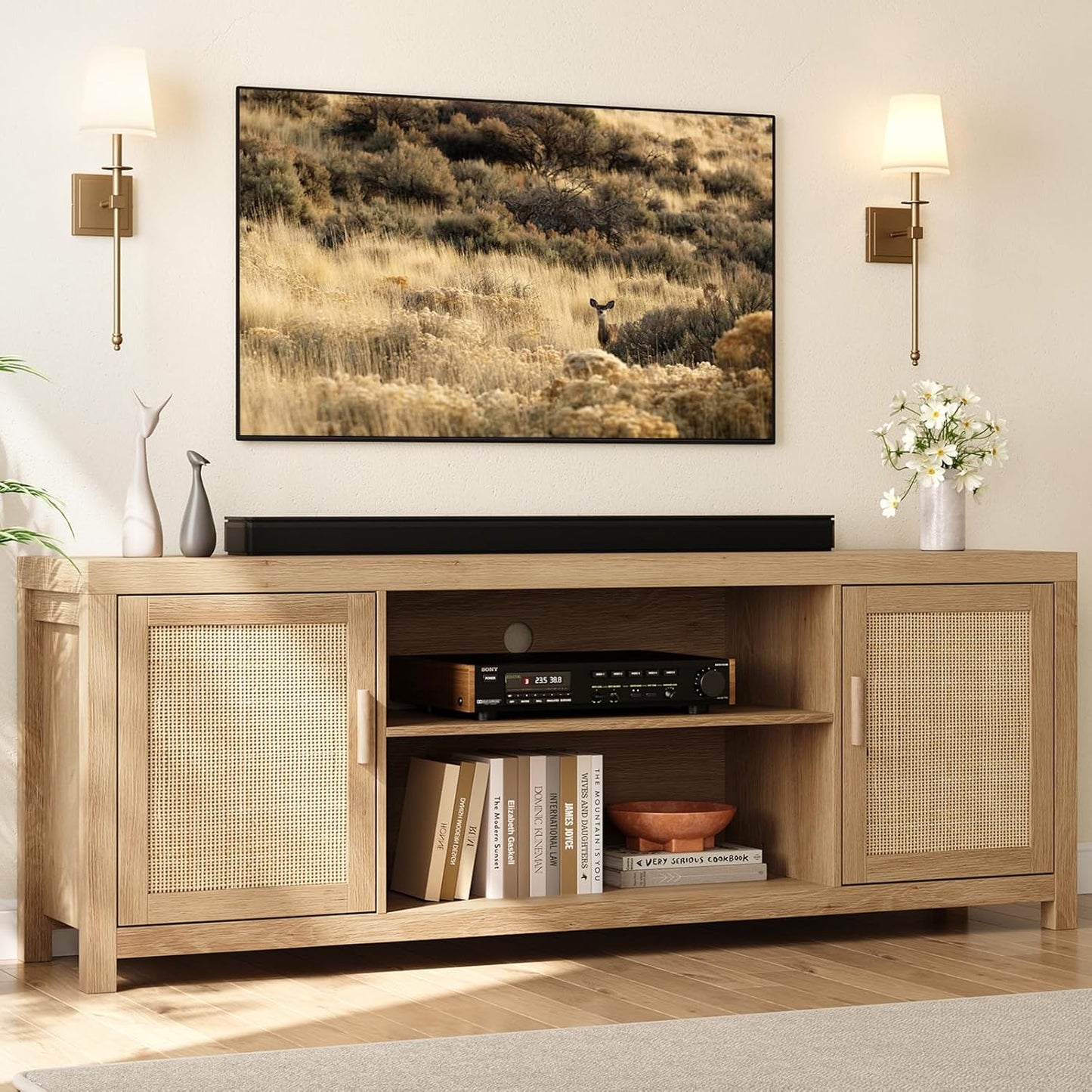 Boho Rattan TV Stand: 75 inch Adjustable Shelves