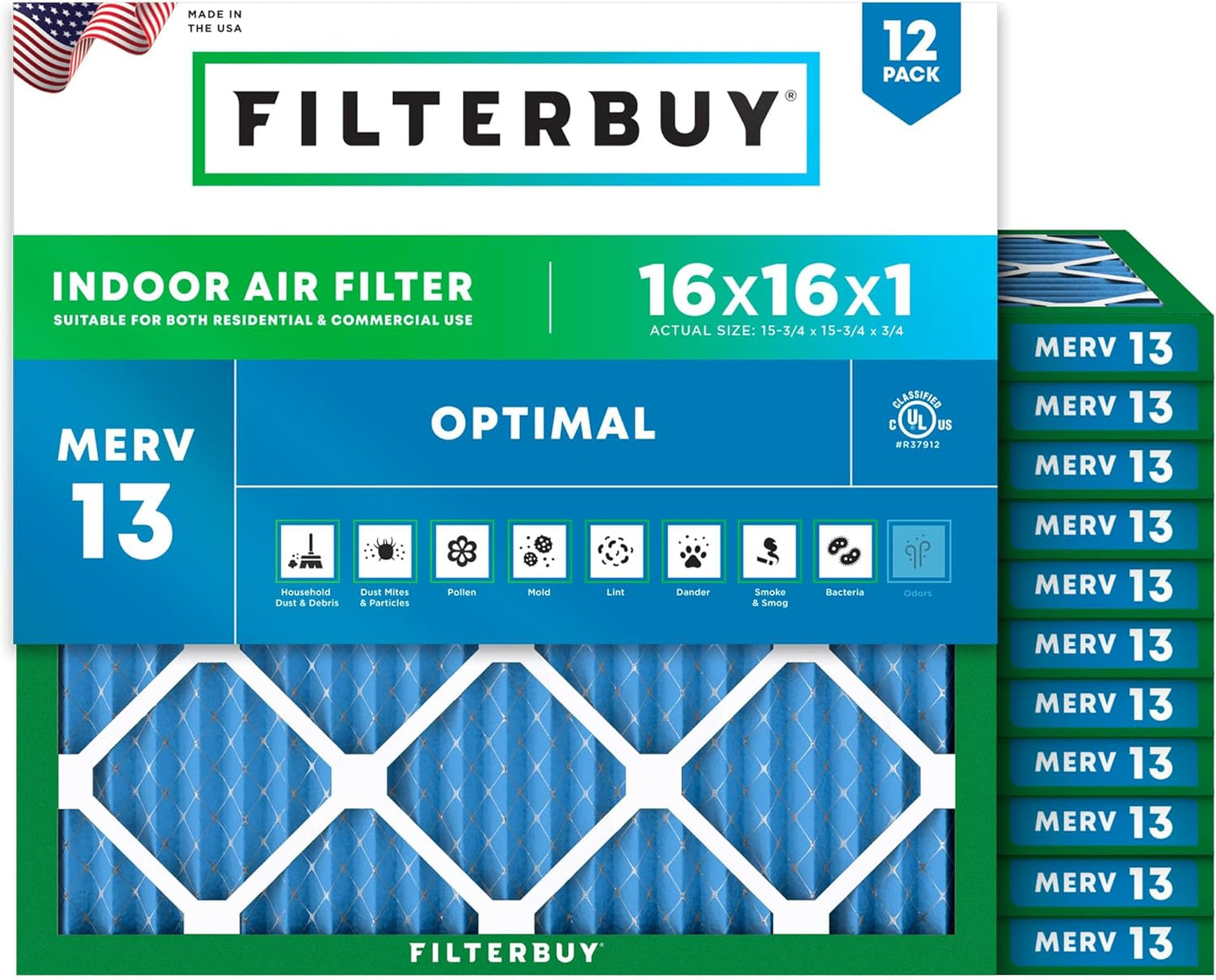 Filterbuy 16x16x1 Air Filter MERV 13 for Smoke & Allergy Defense
