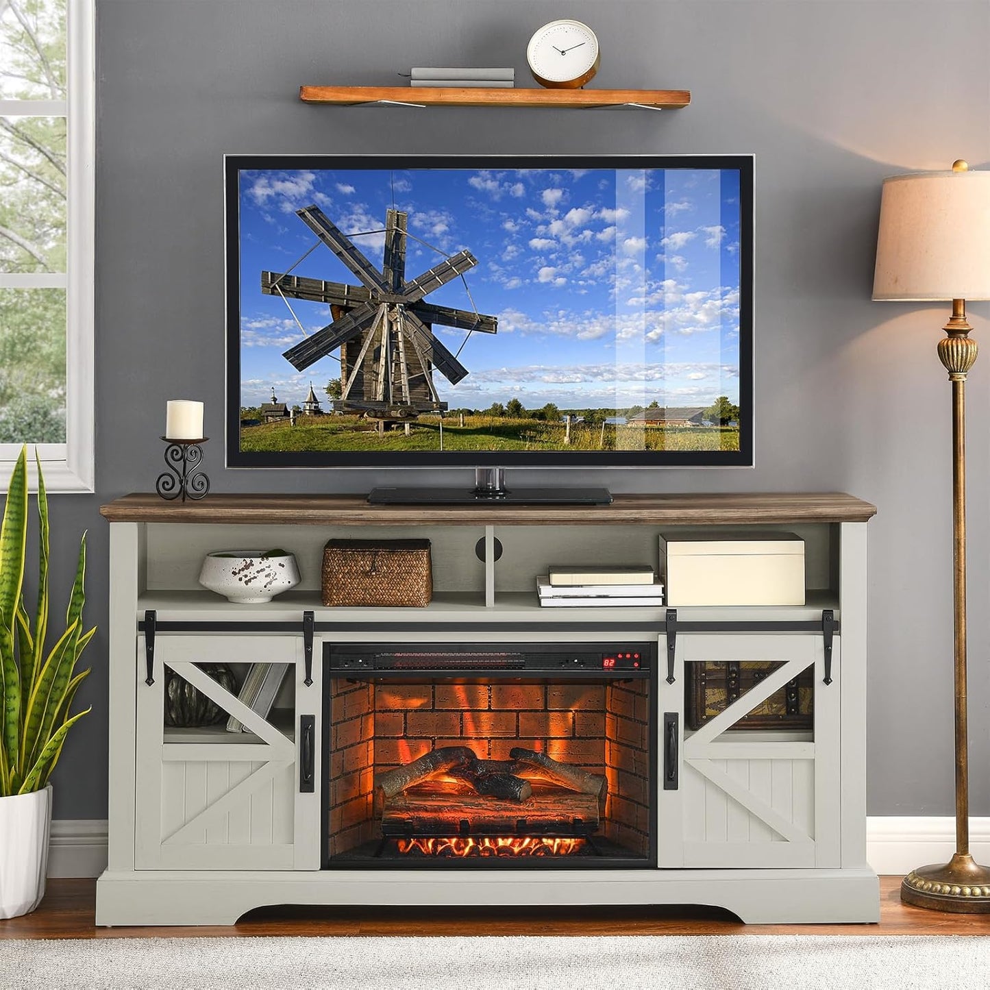 Rustic Farmhouse TV Stand w/ Electric Fireplace - Distressed White - Fits TVs up to 73