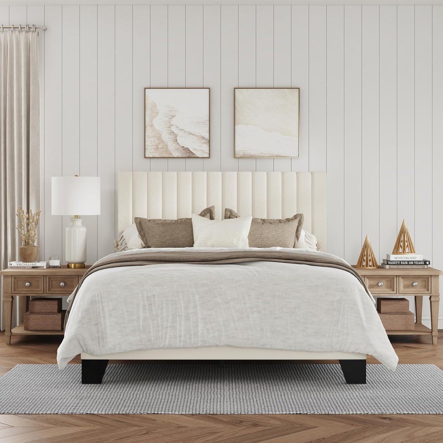 Full Size Bed Frame with Velvet Upholstery and Adjustable Headboard