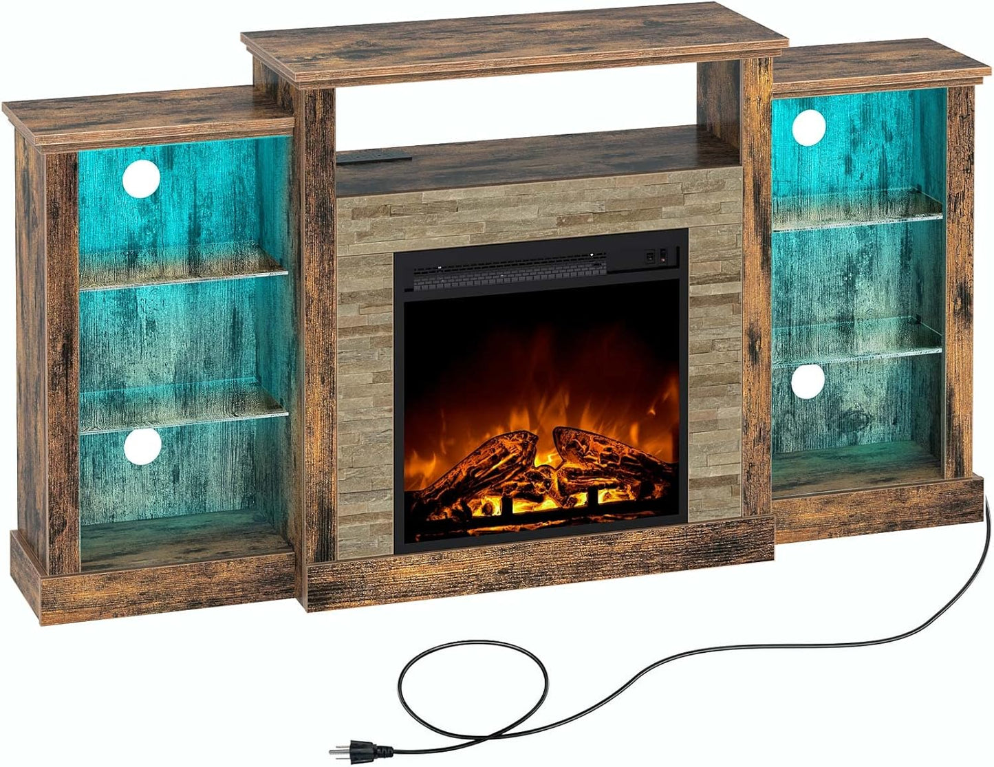Rustic Brown Fireplace TV Stand for 65 TVs, LEDs, Outlets
