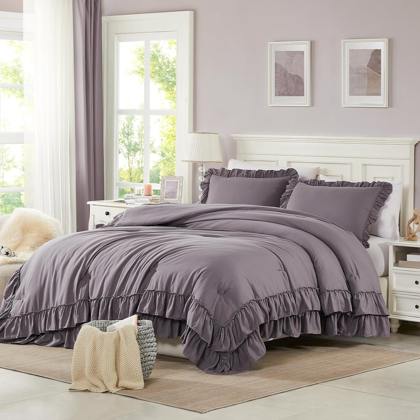 Cupocupa Purple Ruffle King Size Comforter Set for Cozy Sleep