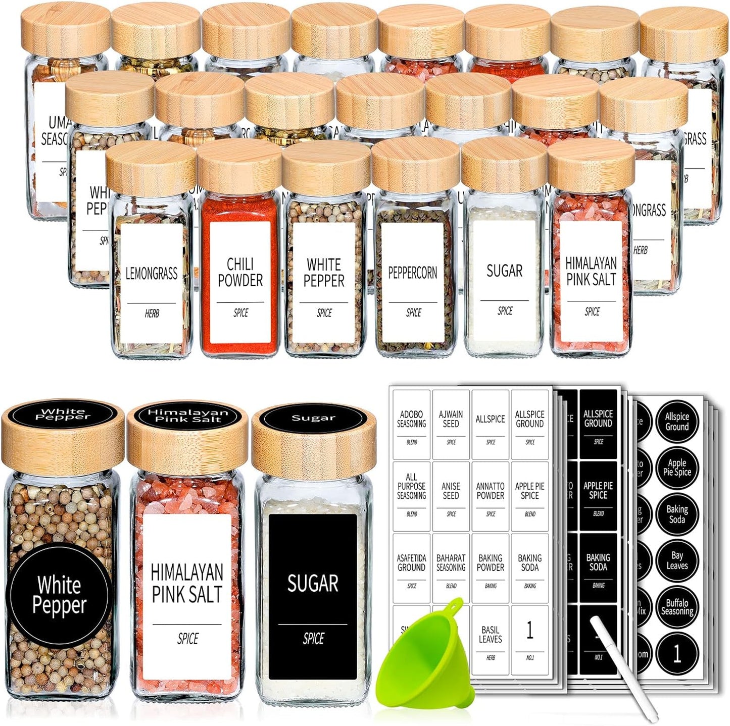 36 Glass Spice Jars with Bamboo Lids and Labels for Organization