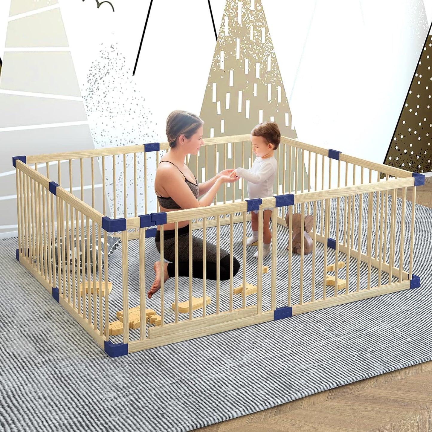 Extra Large Wooden Baby Playpen for Twins, 100% Natural Wood