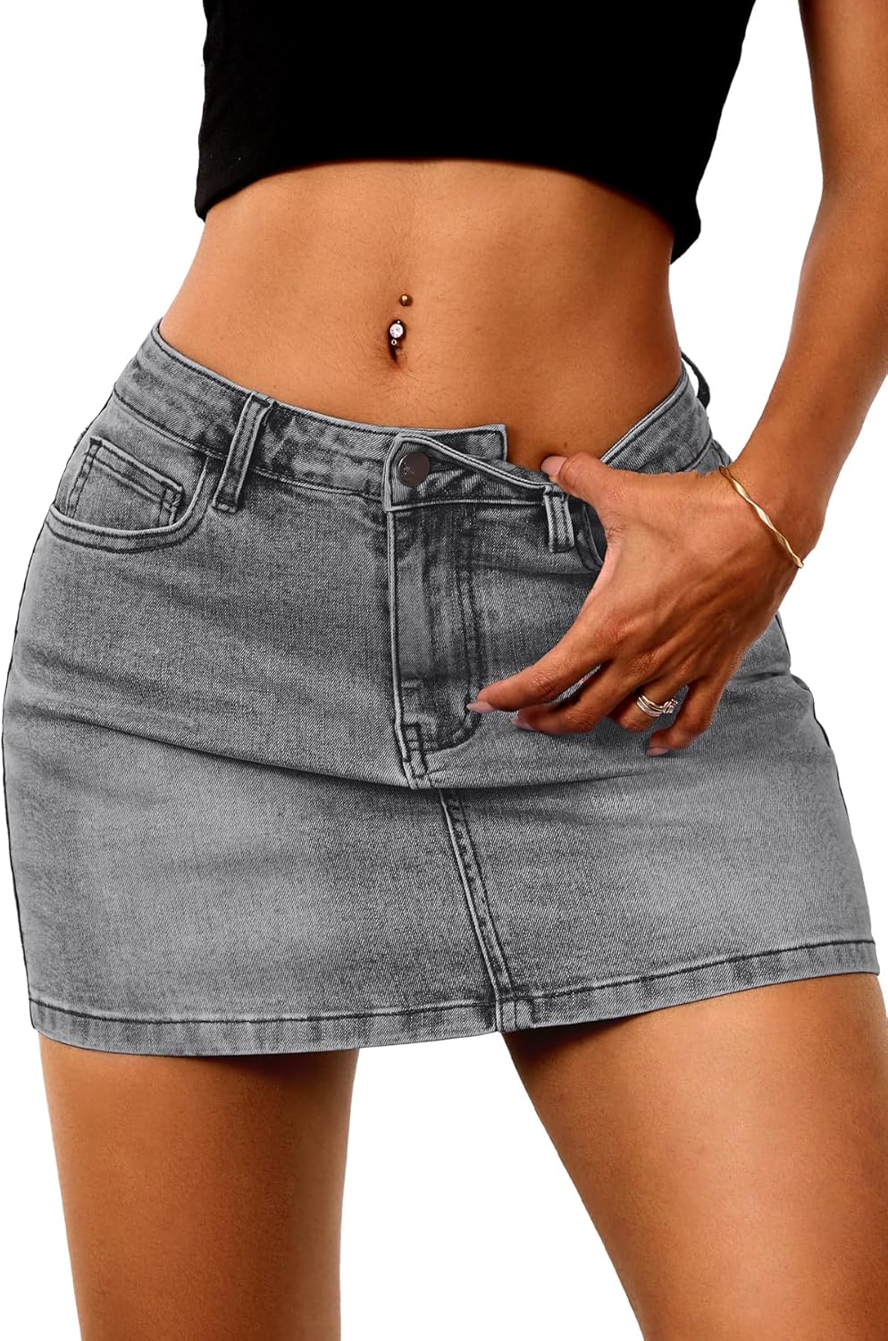 ELLEVEN Stretchy Mini Jean Skirt for Women with Pockets