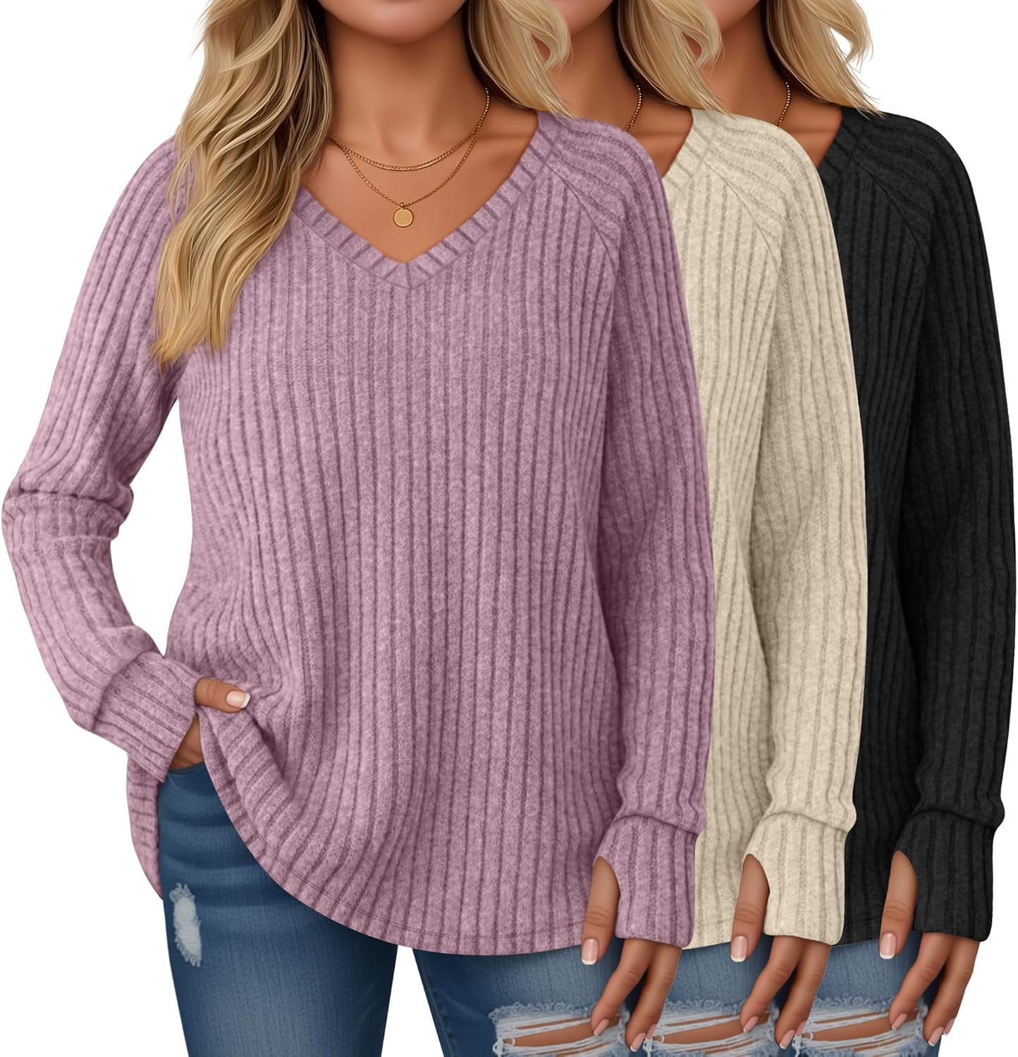 3 Pack Women's Plus Size Sweaters with Thumb Holes for Fall