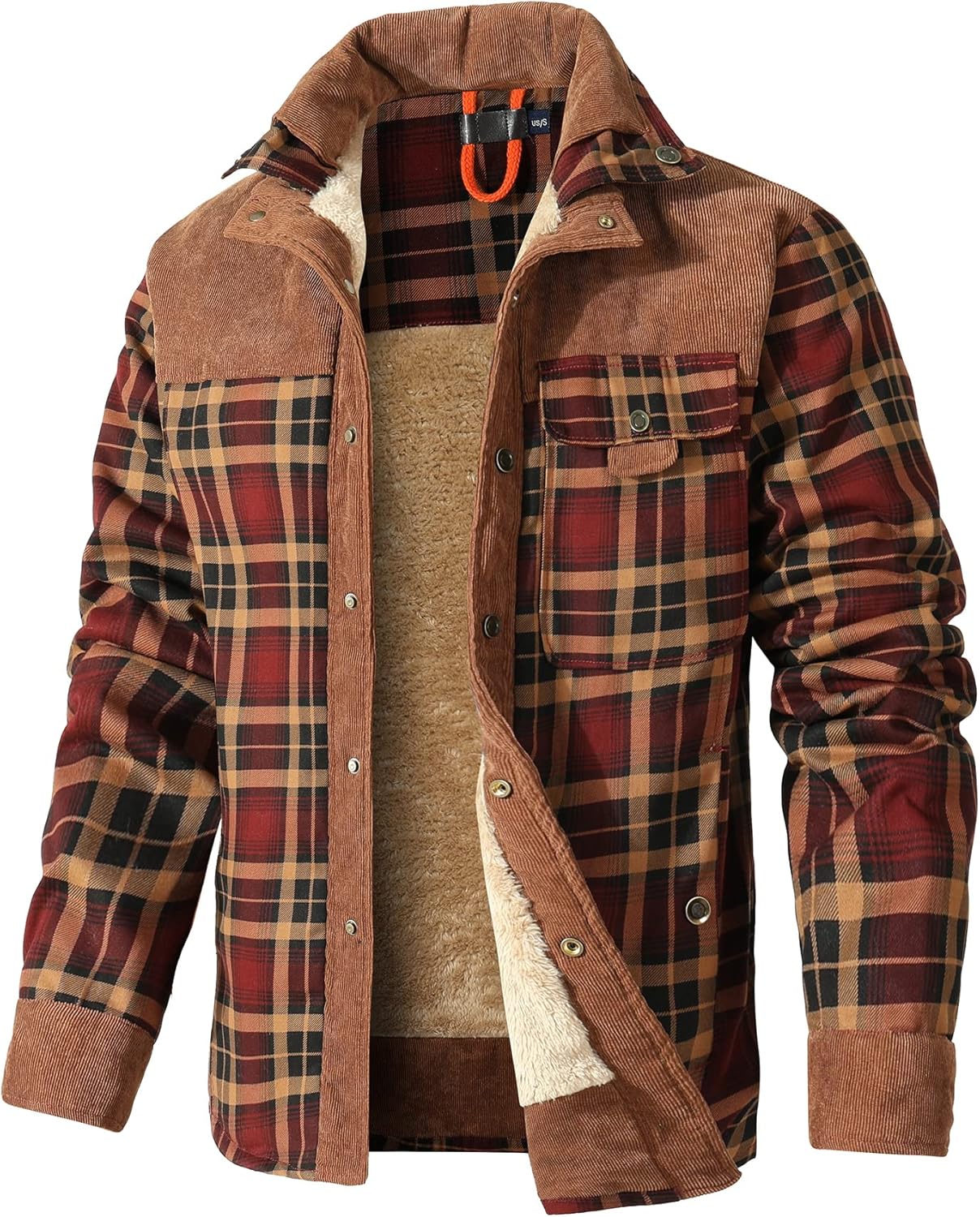 HYPESTFIT Men's Corduroy Plaid Sherpa Lined Flannel Shirt Jacket