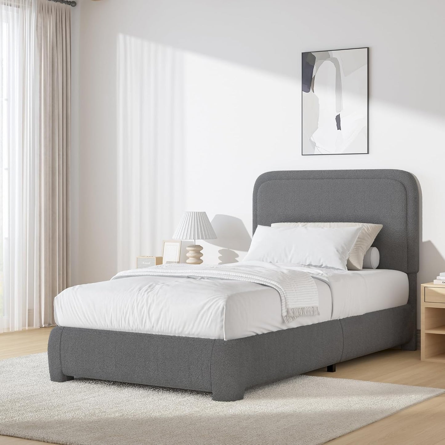 BarnFurin Twin Size Bed Frame with Boucle Upholstered Design