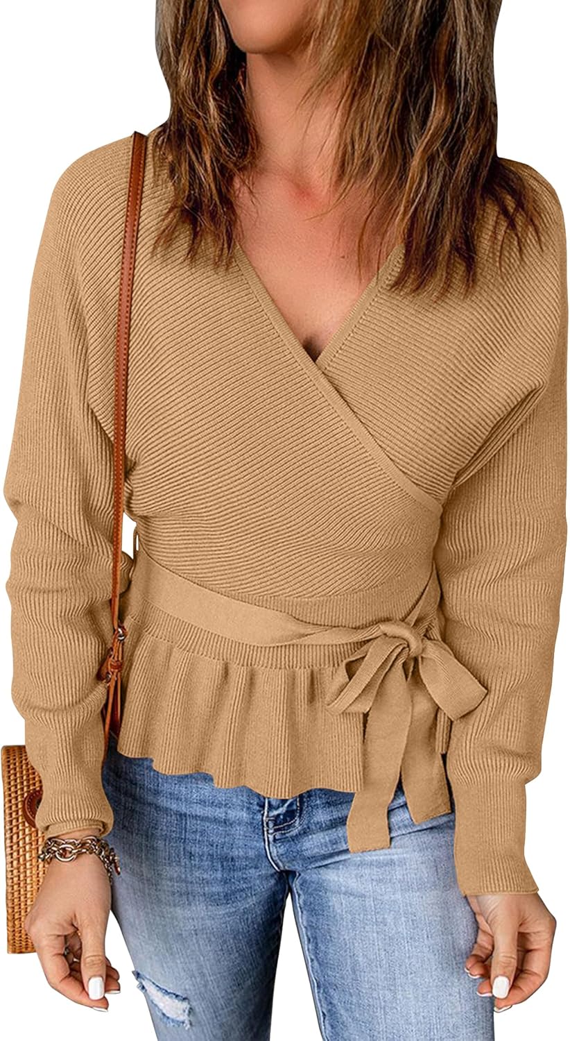 ZESICA Women's Fall Wrap V Neck Batwing Sleeve Sweater Top