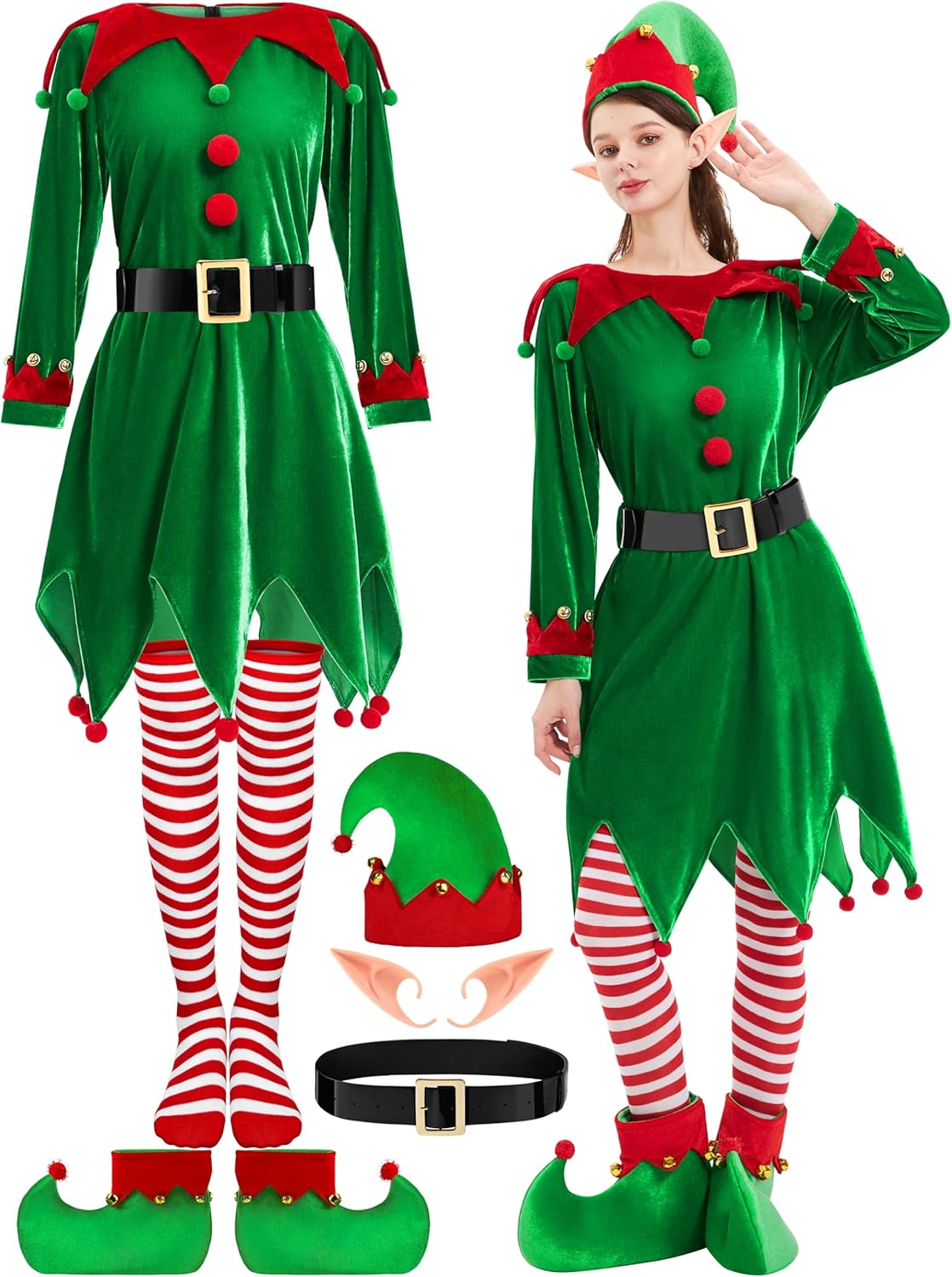 Complete 6 Pack Elf Costume for Women with Velvet Dress