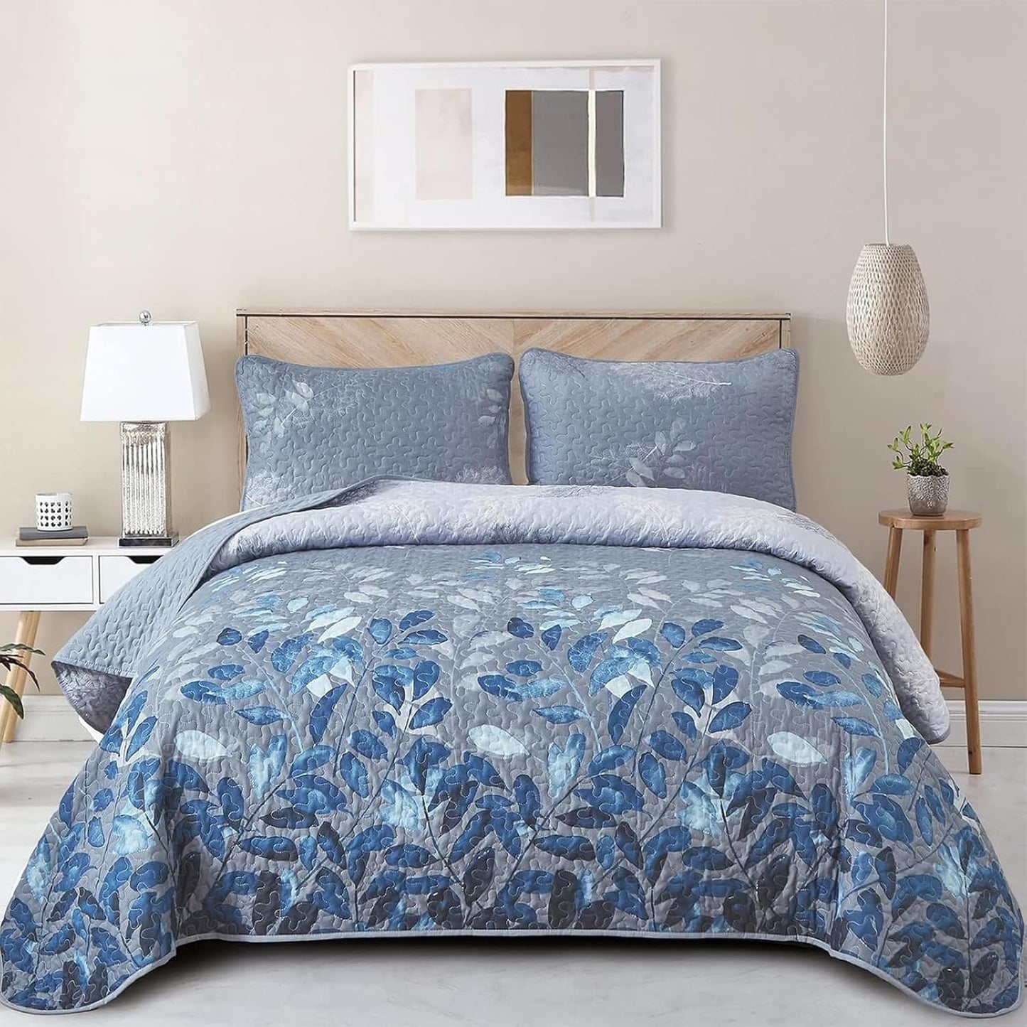 Blue Quilt Set Queen Size - Floral Bedspread Coverlet 3 Pieces