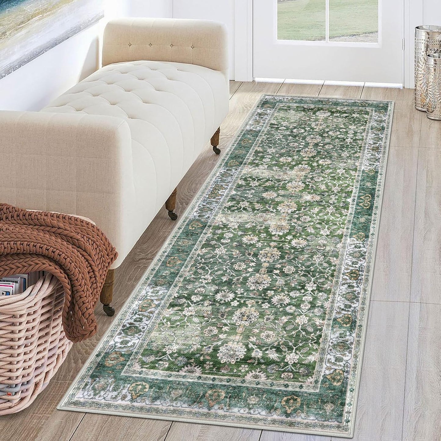 KUTA Green Runners for Hallways 2x6 - Vintage Floral Non-Slip Rug