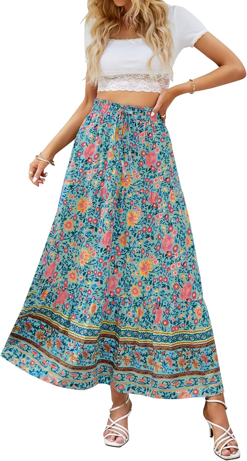 ZESICA Women's Bohemian Floral Printed Maxi Skirt with Pockets