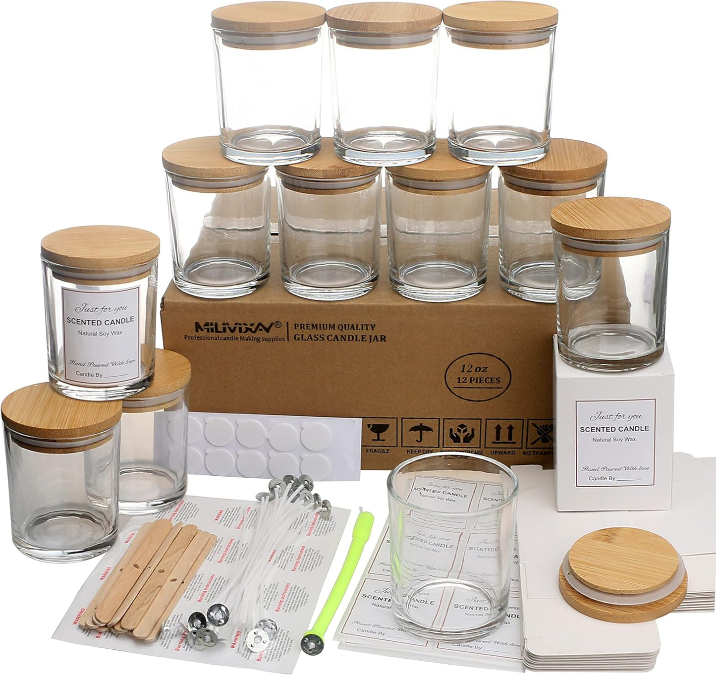 12 Pack 12 OZ Clear Glass Candle Jars for Candle Making Kits