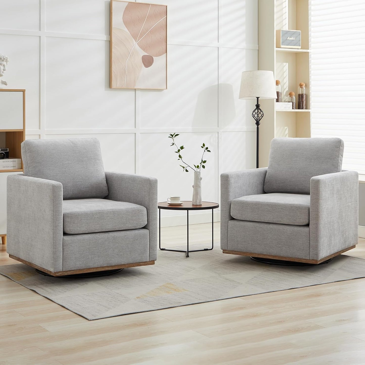 Set of 2 Mid Century Swivel Chairs - Comfy Wavy Chenille, Light Gray