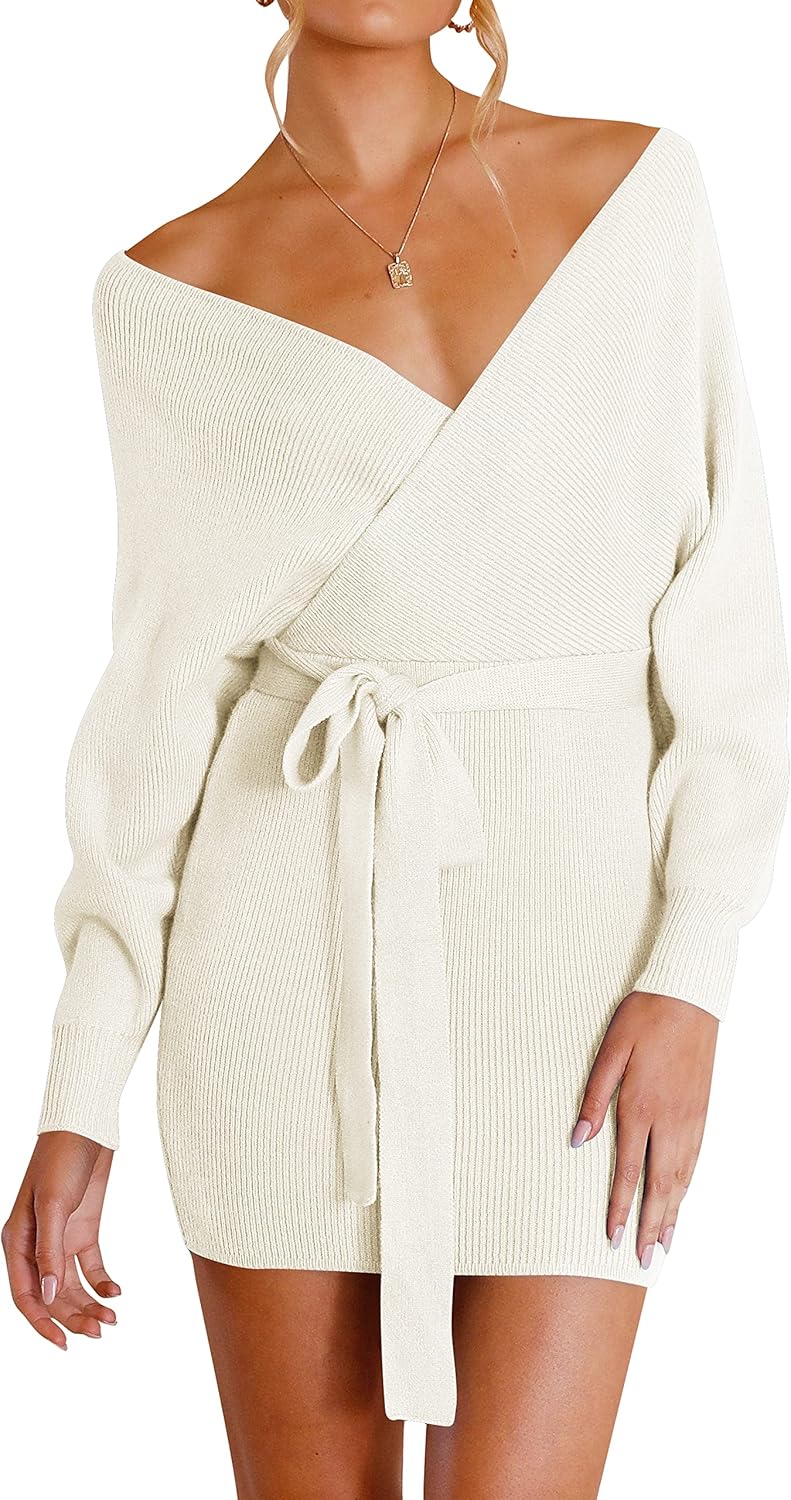 ZESICA Women's Fall Long Batwing Sleeve Wrap V Neck Dress
