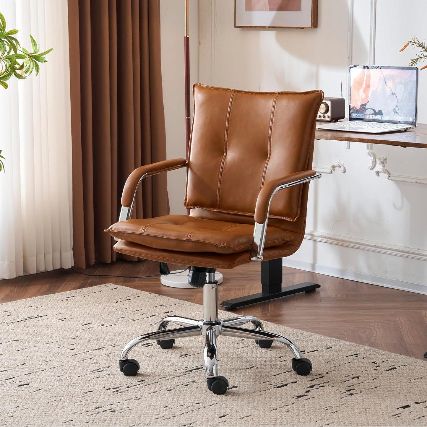 Mid-Back Ergonomic Leather Office Chair with Gold Frame Design