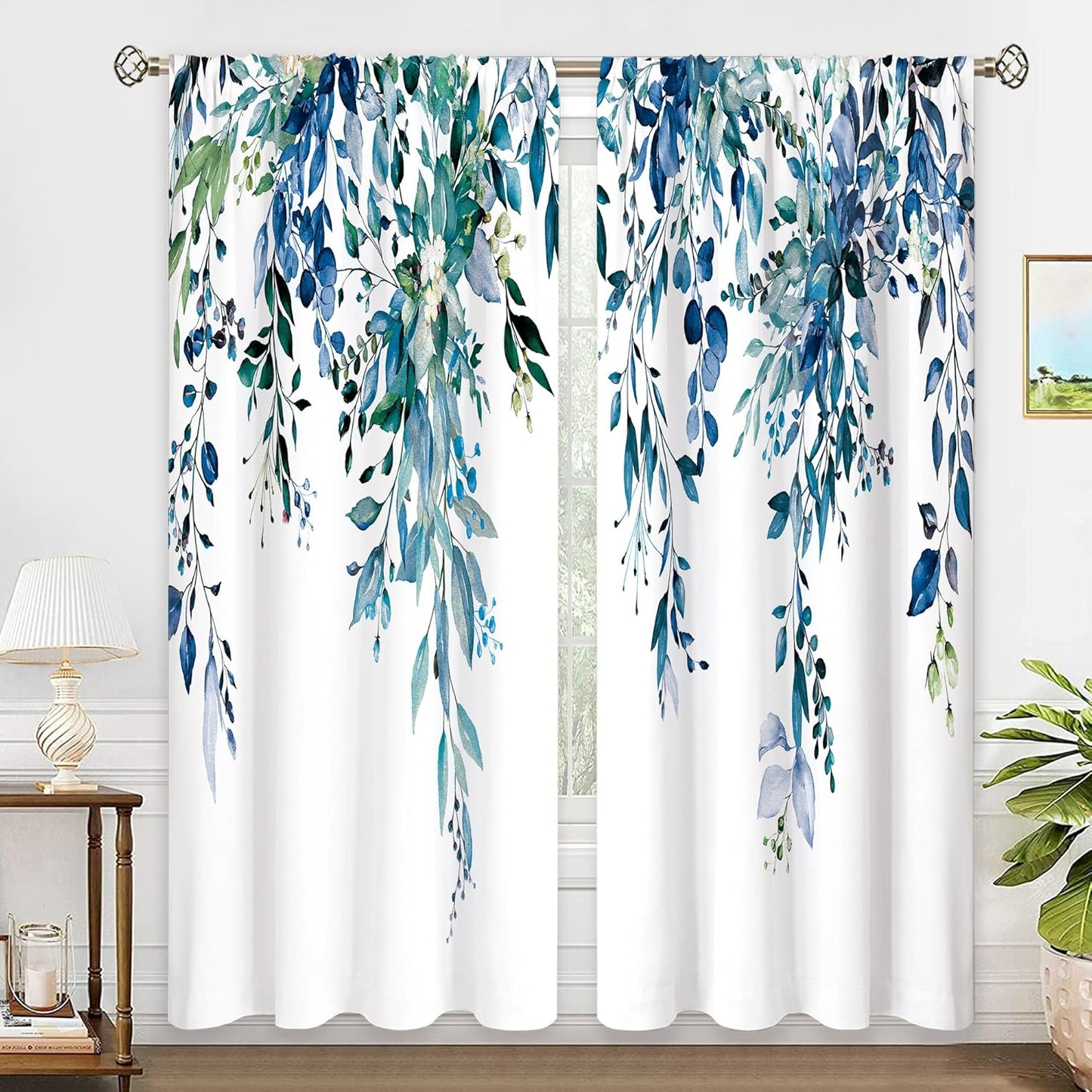 Teal Eucalyptus Botanical Leaves Curtains for Farmhouse Decor