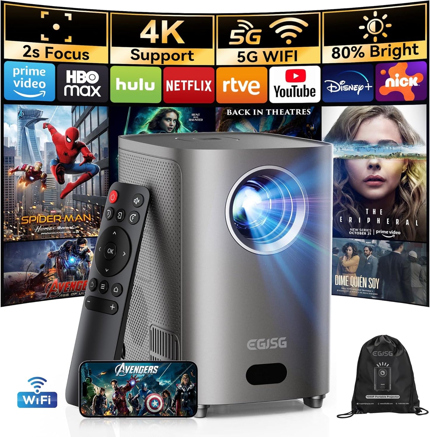 Portable 4K Mini Projector with One-Button Focus