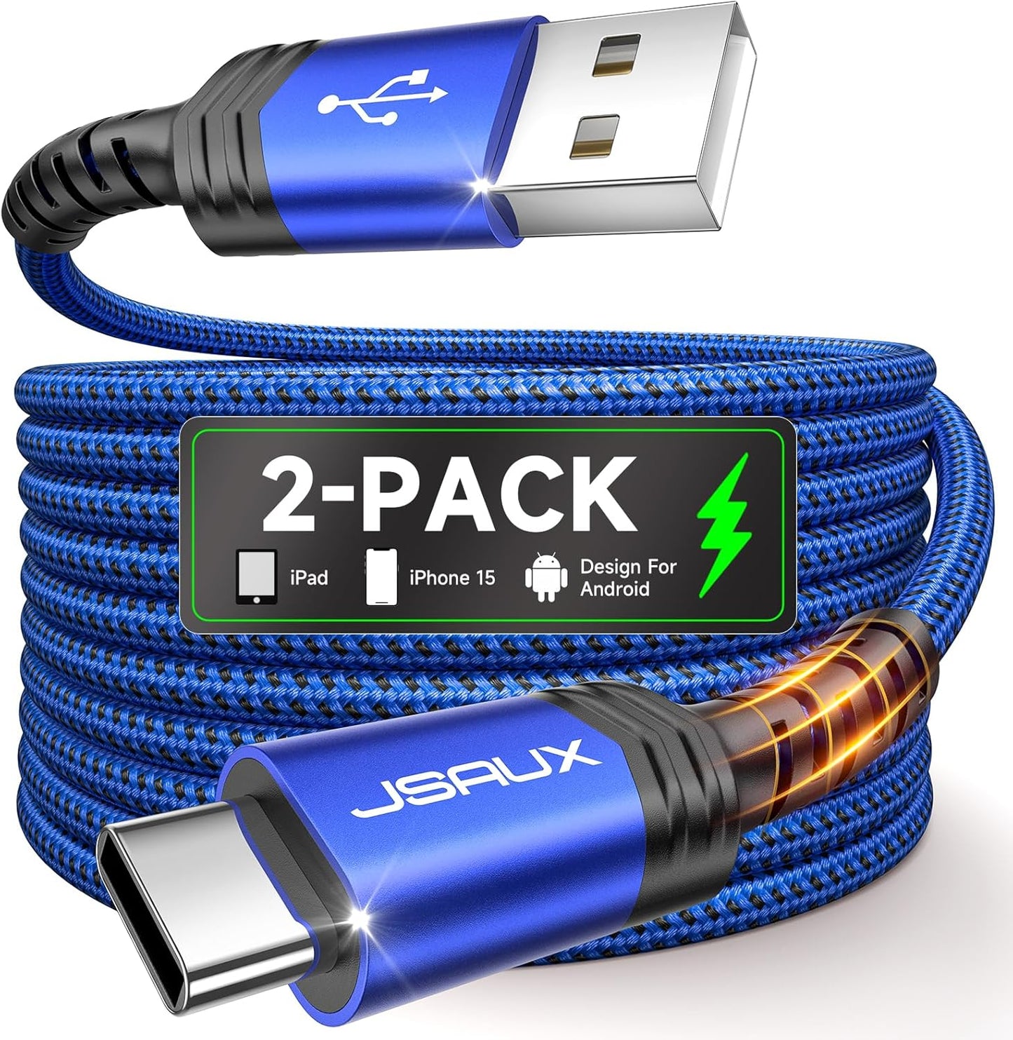 Fast Charge JSAUX USB C Cable 2-Pack 6.6ft for iPhone/Samsung - Blue