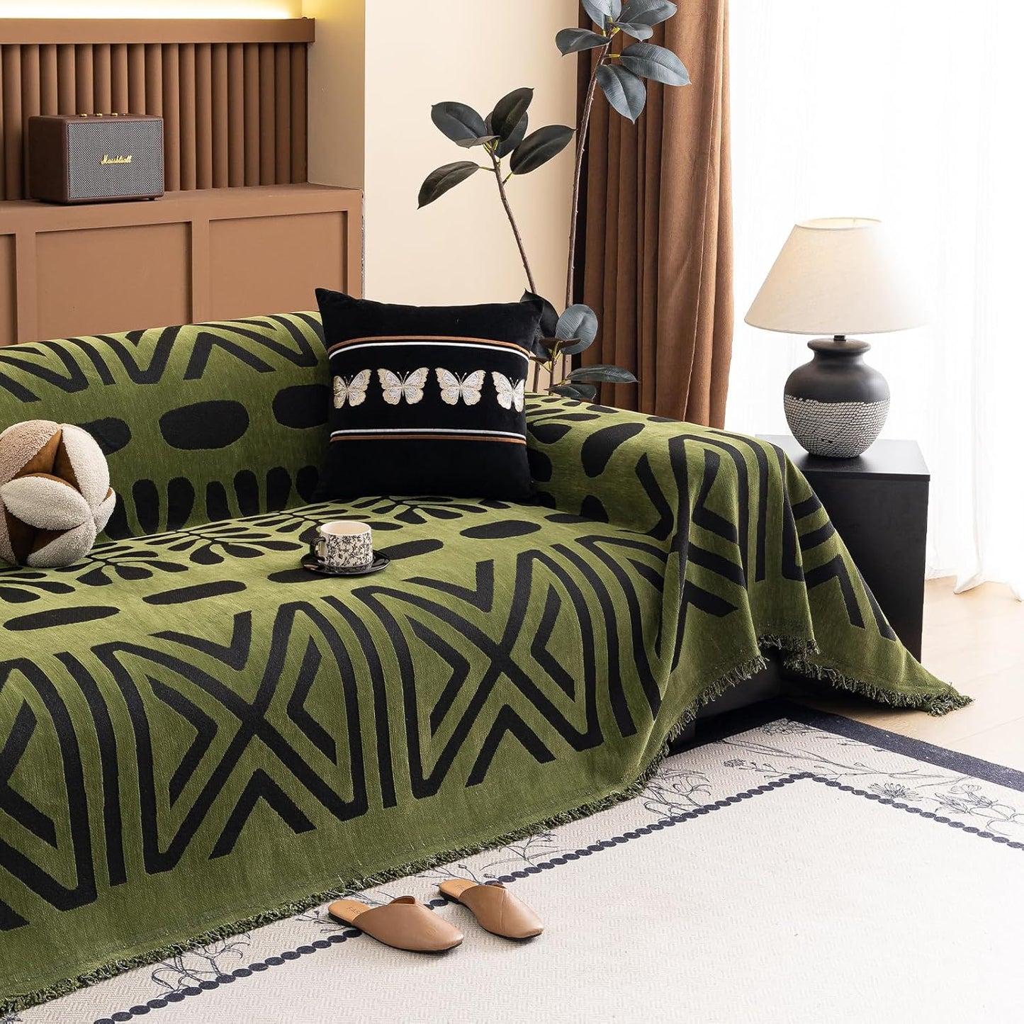 Boho Couch Cover for Pets - Chenille Sofa Protector in Olive Green