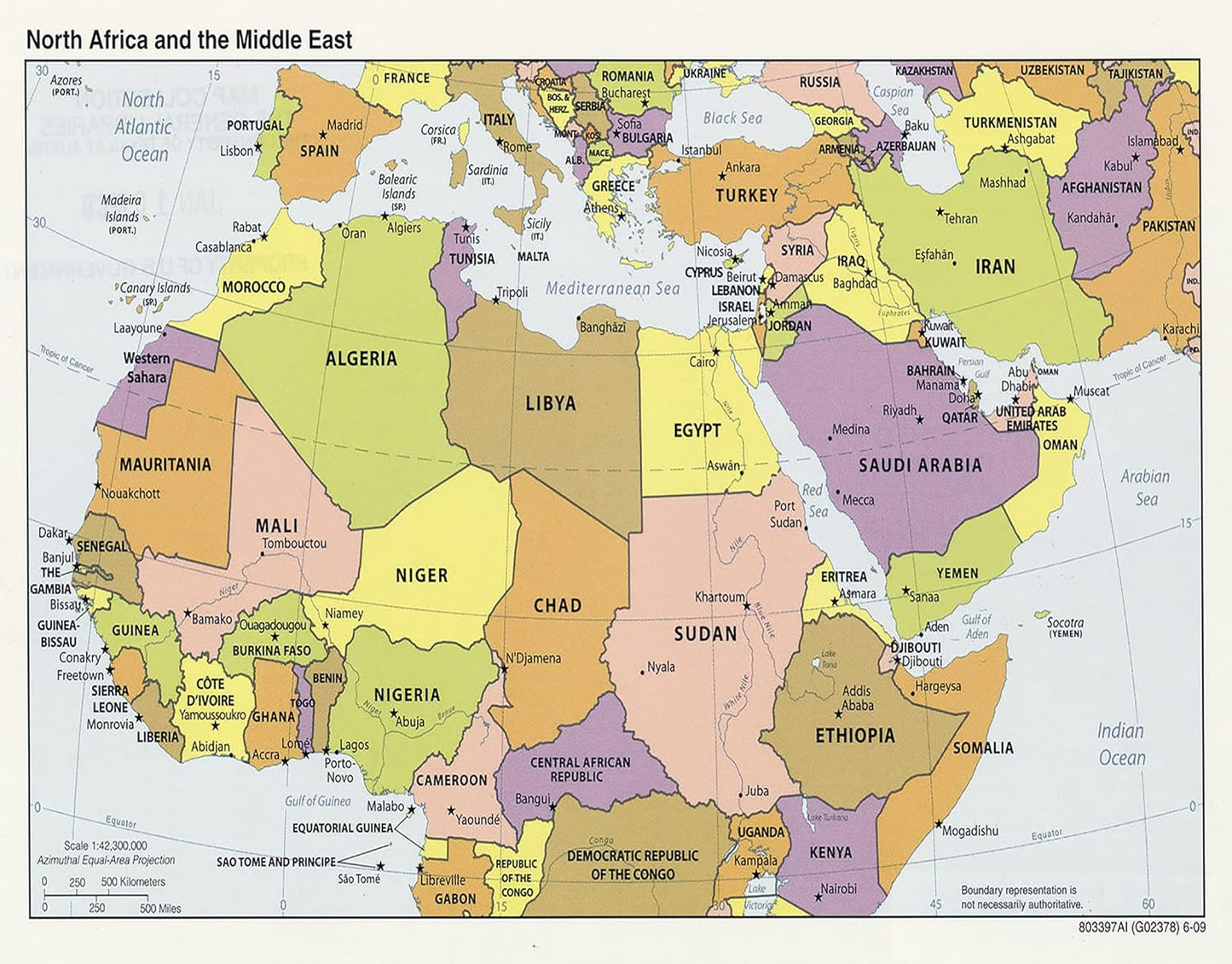 Large Laminated 23x18 Map: North Africa & Middle East Capitals