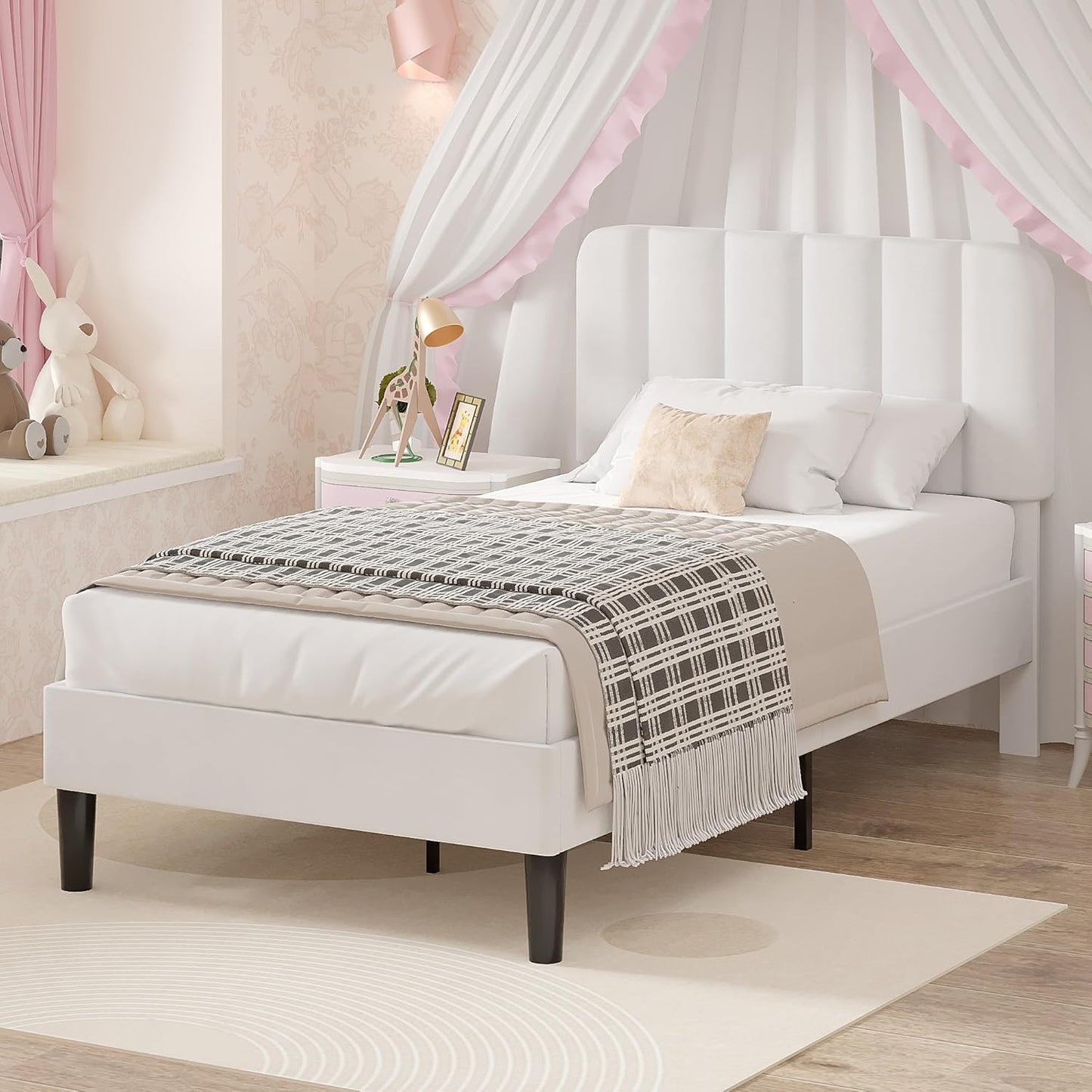 VECELO Twin Size Bed Frame with Upholstered Headboard in White