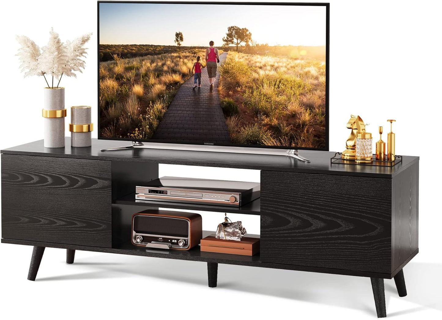 Rustic Black TV Stand, 55-60 inch, Storage Cabinets, WLIVE