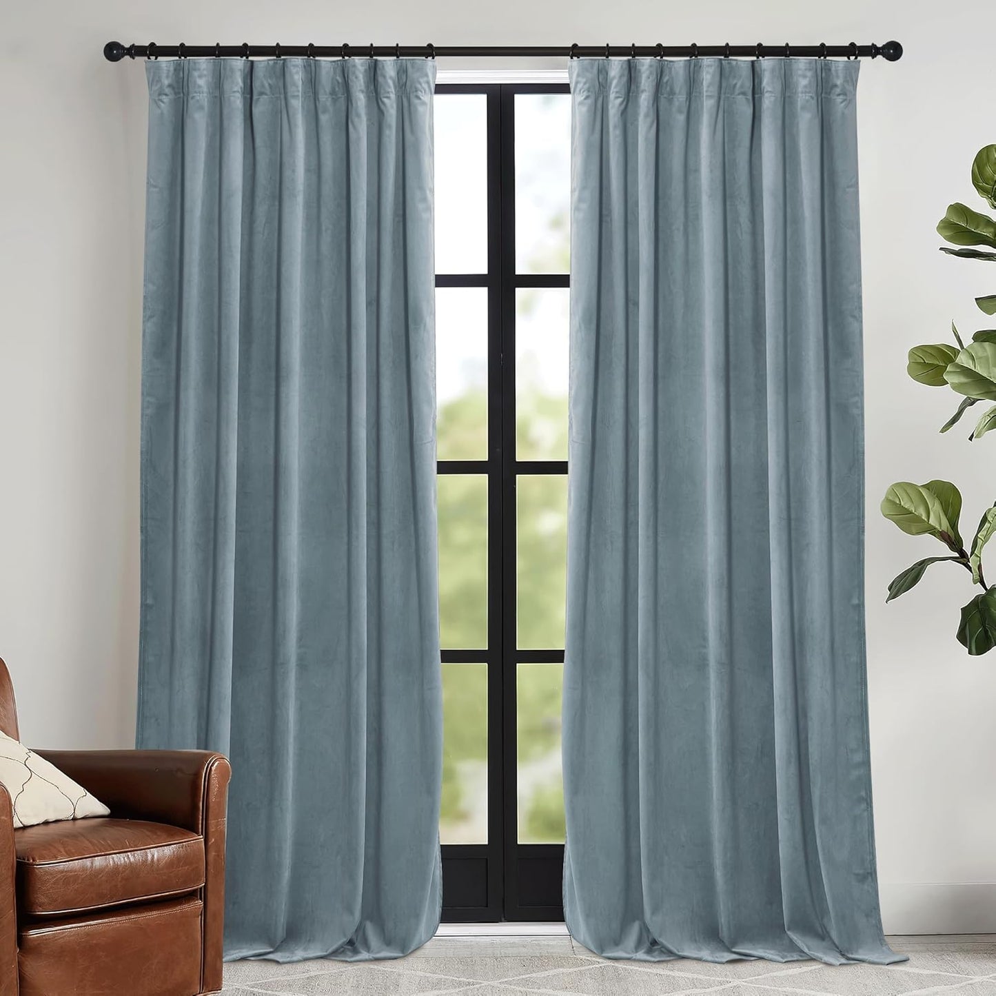 RYB HOME Stone Blue Velvet Curtains - Elegant Blackout Drapes