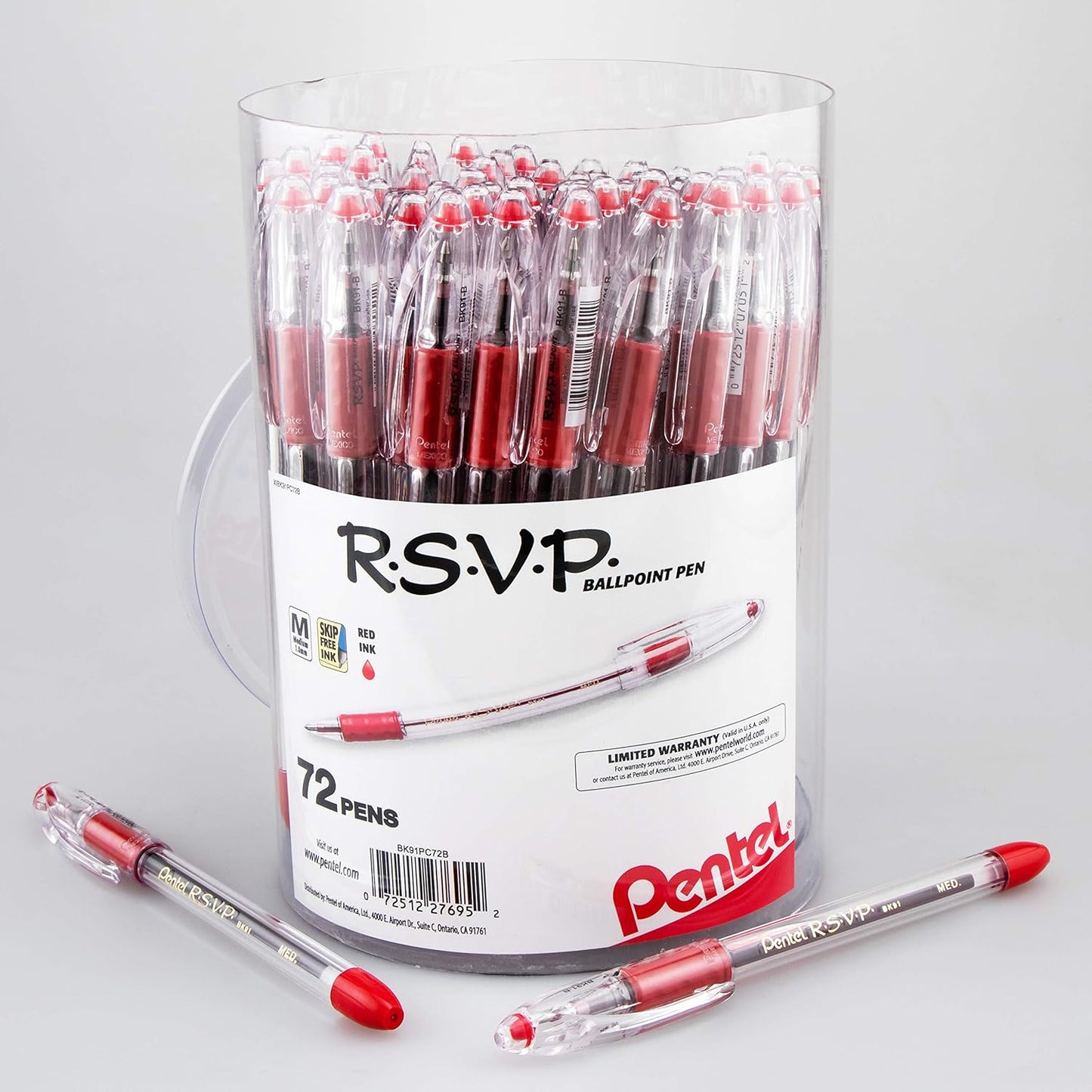 Pentel RSVP Ballpoint Pen Canister of 72 Red Ink Pens