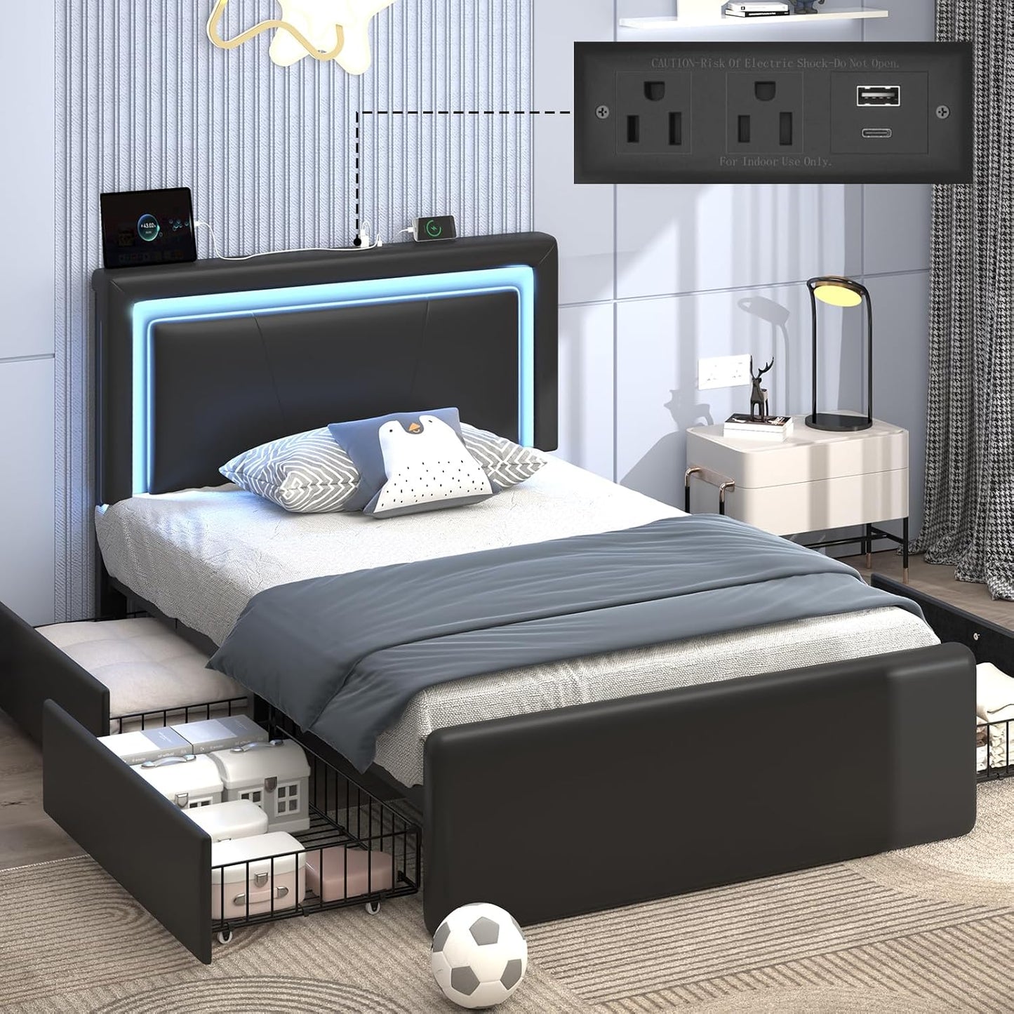 Twin Size Bed Frame with Storage Drawers and LED Lights